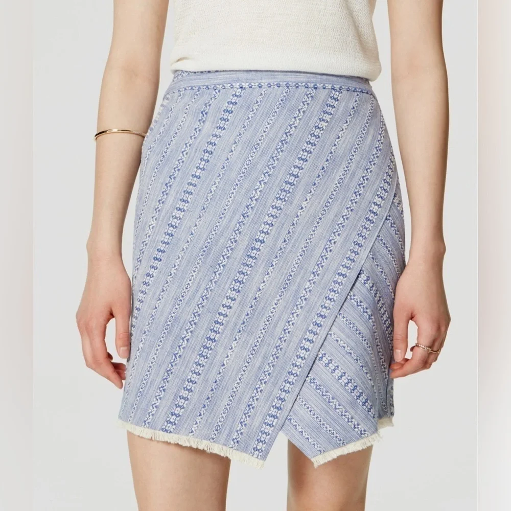 LOFT Blue and White Cotton Striped Tweed Wrap Skirt fringe hem Size 14